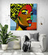 grand tableau salon femme africaine style pop art, couleurs primaire contraste intense