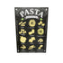 Un tableau cuisisne moderne avec différentes illustration de pâtes, fusilli, spaghetti, ravioli, penne …. en haut au centre de la toile cuisine , il y a un titre Pasta écrit avec un effet de craie.